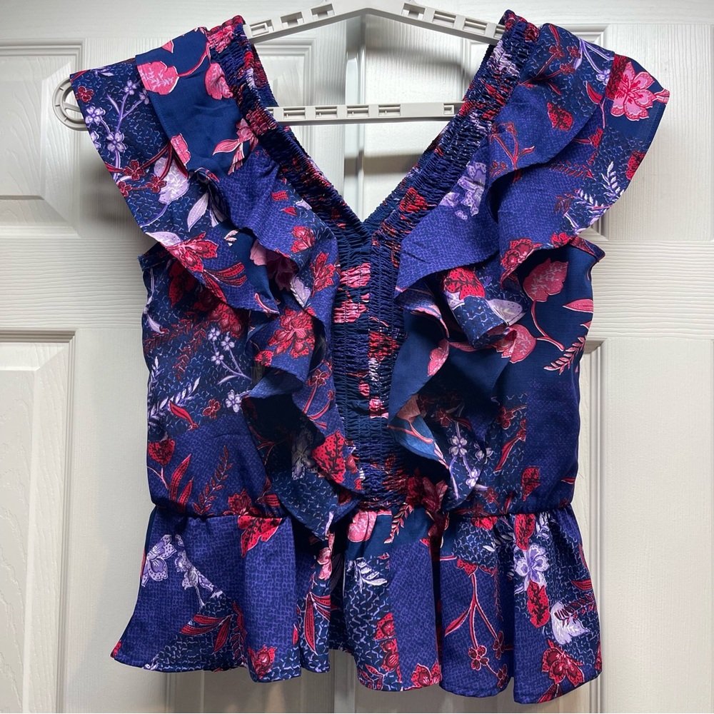 Sofia Vergara Boho Floral Peplum Top Smocked Waist Flutter Sleeve Blouse Size M